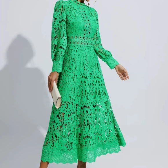 Catchall Green Lace Midi Dress Emerald High Neck Long Sleeve S NWT - Picture 2 of 6